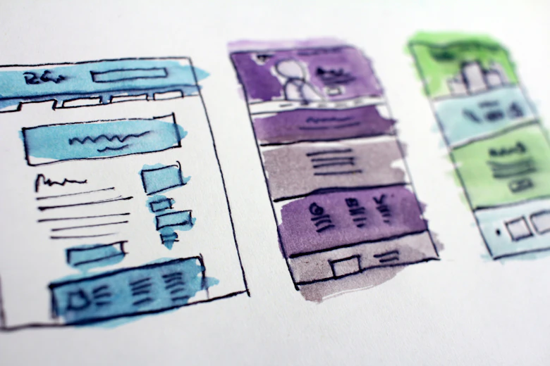 Croquis peints à l'aquarelle représentant des gabarits de pages web.