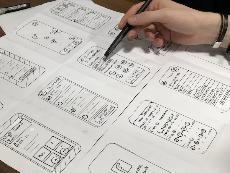 Main qui dessine au crayon la structure d'une page sur une grande feuille.