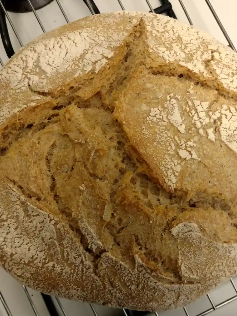 Un pain de campagne rond et fariné, vu de dessus sur une grille.